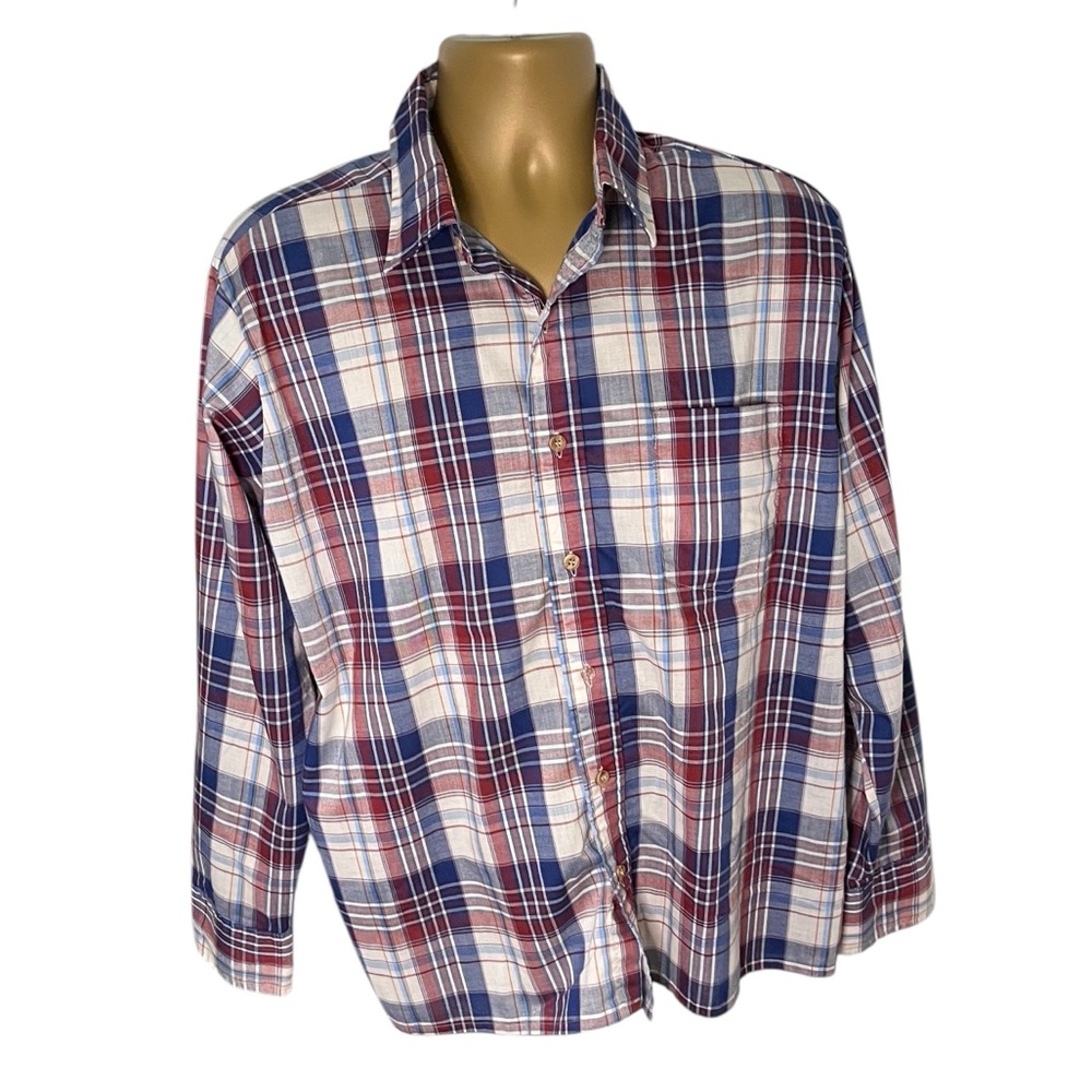Vintage 70s Montgomery Ward Plaid Button-Up Relaxed Fit Easy Care Red Navy L